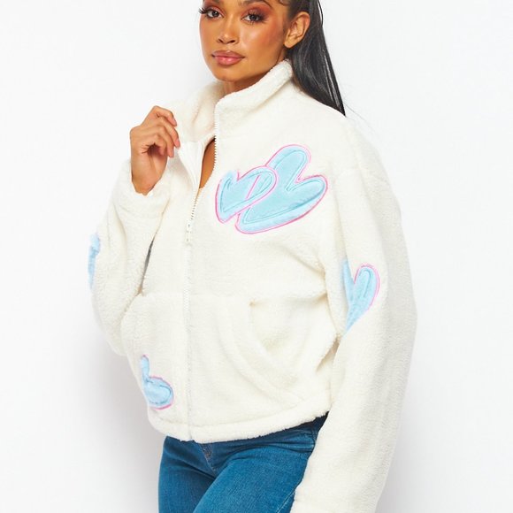 Valentine’s Day Sherpa Cozy Oversized Sweater Jacket with Hearts Love White Blue - Picture 2 of 4